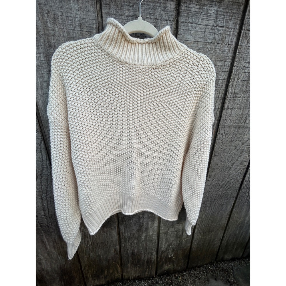 Cream Chunky Knit Mock Roll Neck Sweater Scandi Minimalist Coastal Fall Luxury S